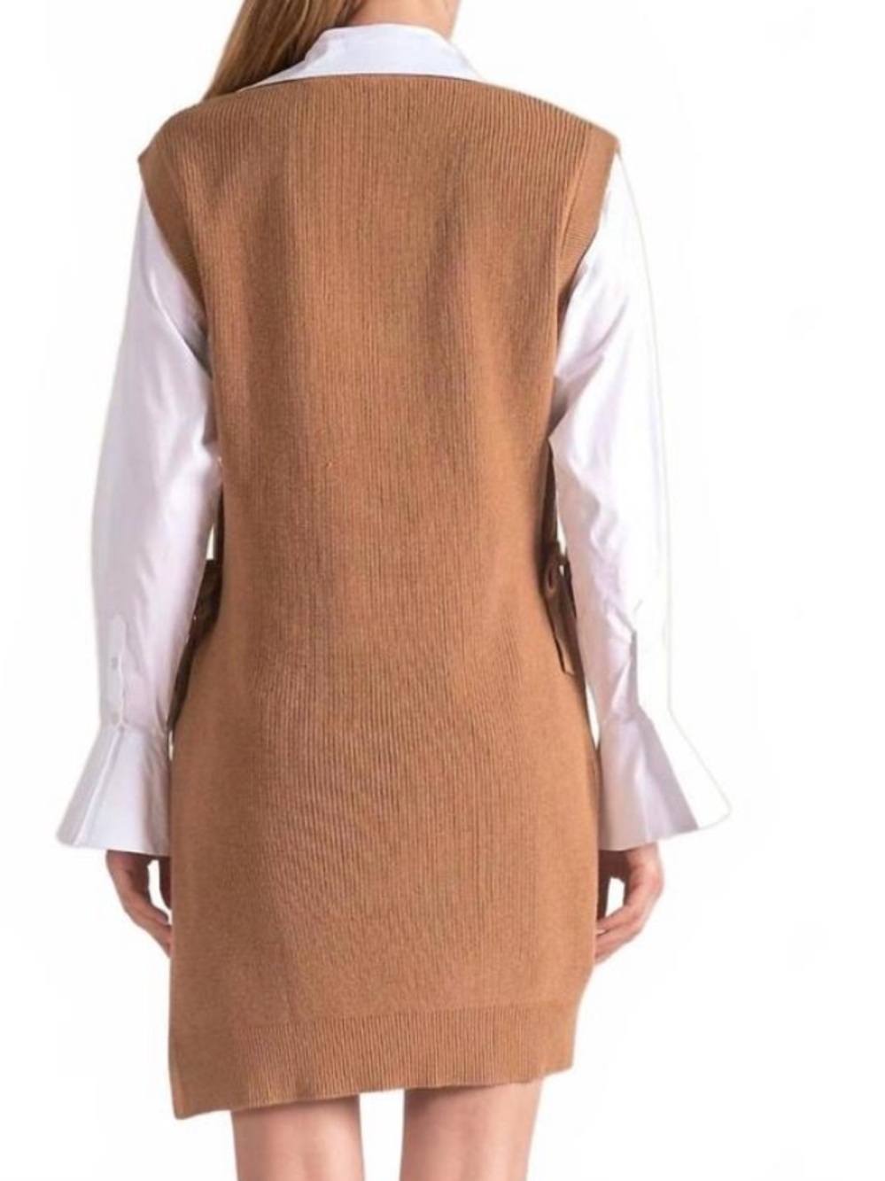 Elan Dress Womens M Brown Knit Layered Sweater Shirt V Neck Collared Side Tie - Picture 2 of 11